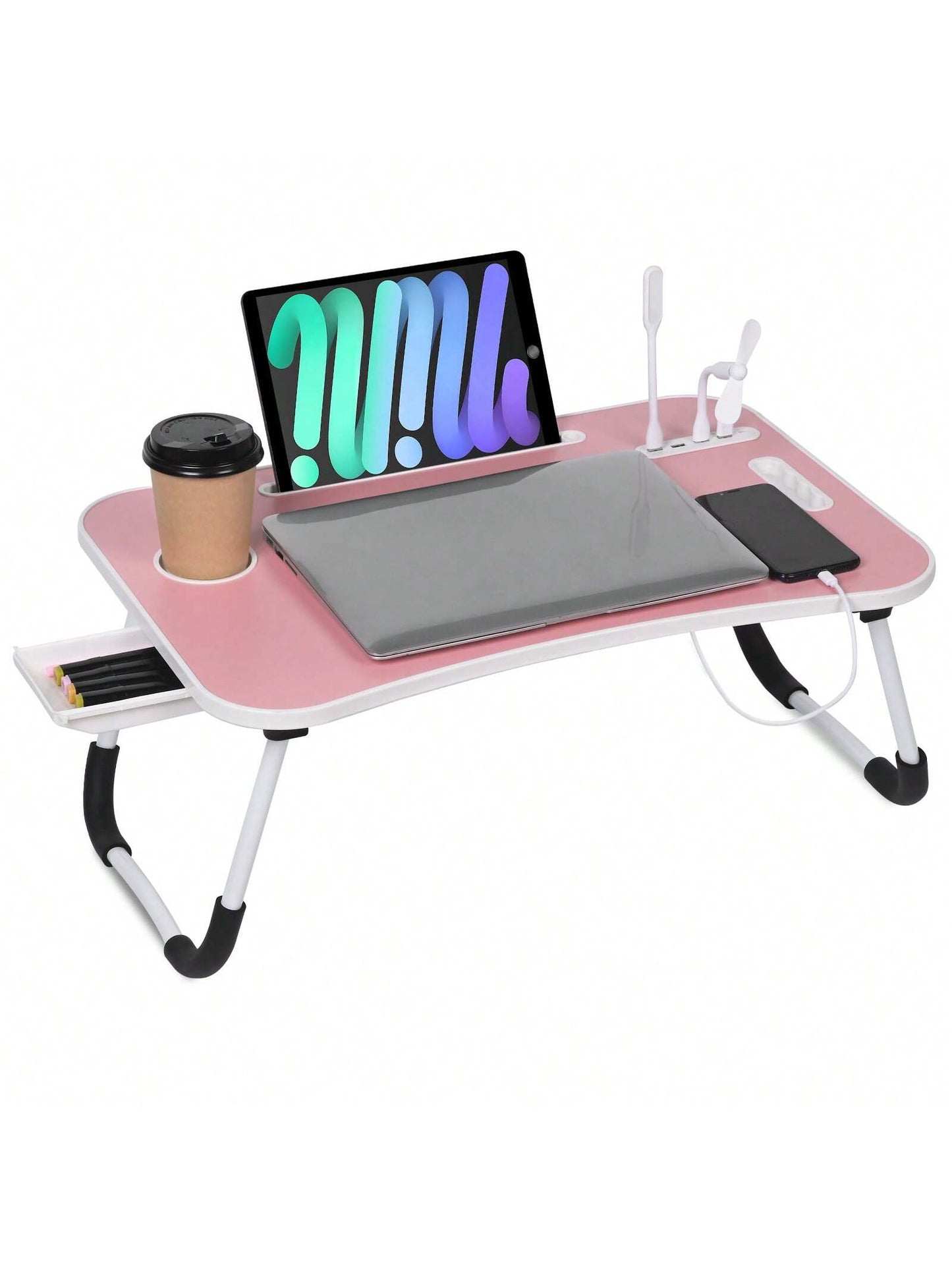 Laptop Bed Desk, Portable Foldable Laptop Table with USB Charging Port, Cup Holder & Storage Drawer, Lap Desk Tray for Bed, Sofa & Floor, Writing, Reading, or Eating
