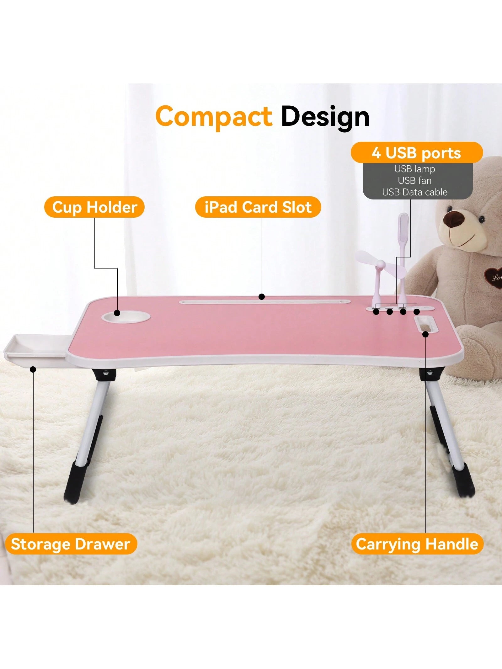 Laptop Bed Desk, Portable Foldable Laptop Table with USB Charging Port, Cup Holder & Storage Drawer, Lap Desk Tray for Bed, Sofa & Floor, Writing, Reading, or Eating